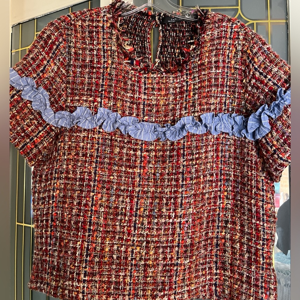 Zara Multicolor Tweed Top with Blue Detail,Raw Fringe Neckline.